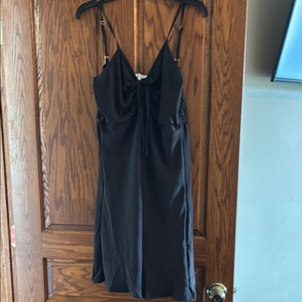 White birch Elegant jet Black Spaghetti Strap lined flutter cinch Dress size L